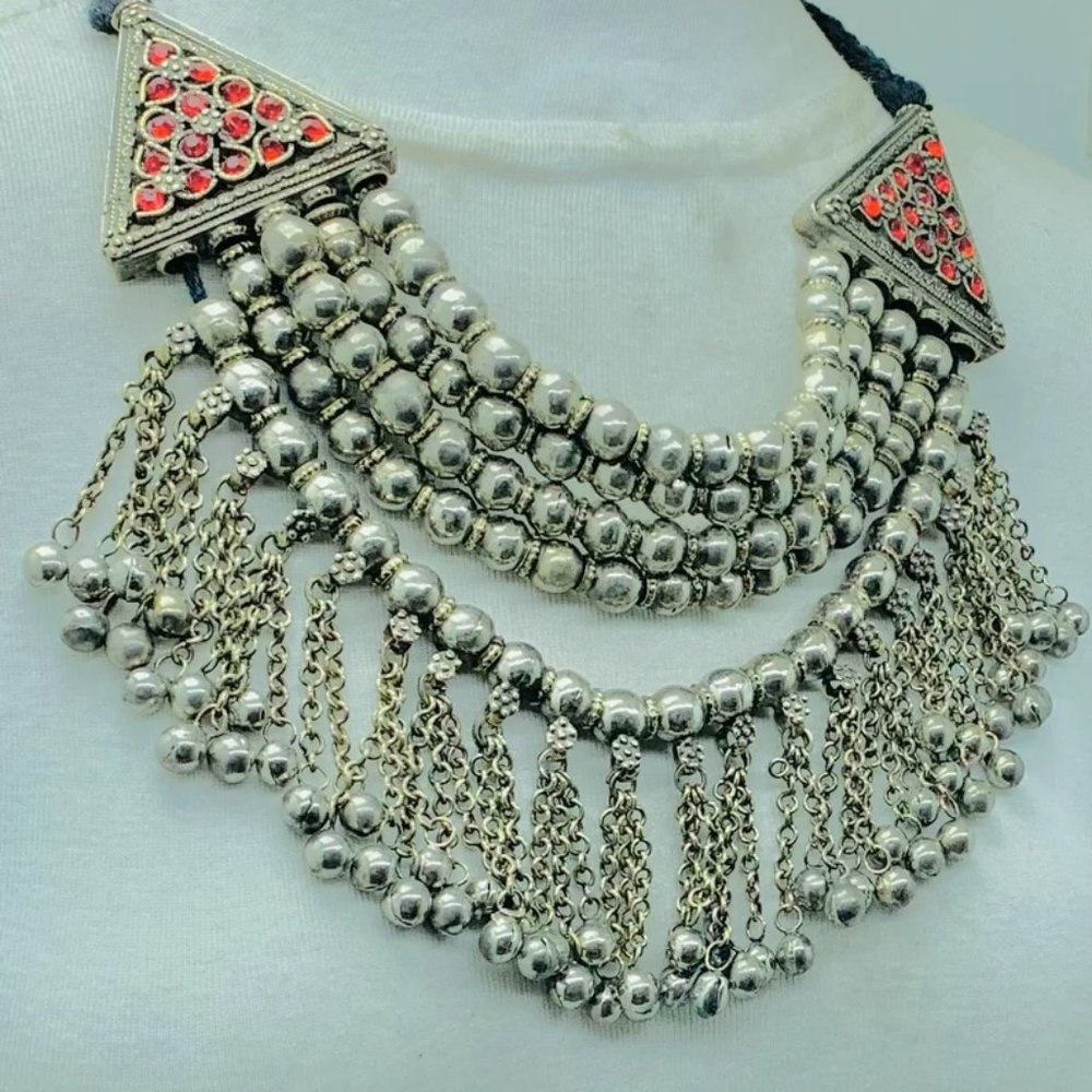 Multilayers Silver Metallic Beaded Choker Necklac… - image 5